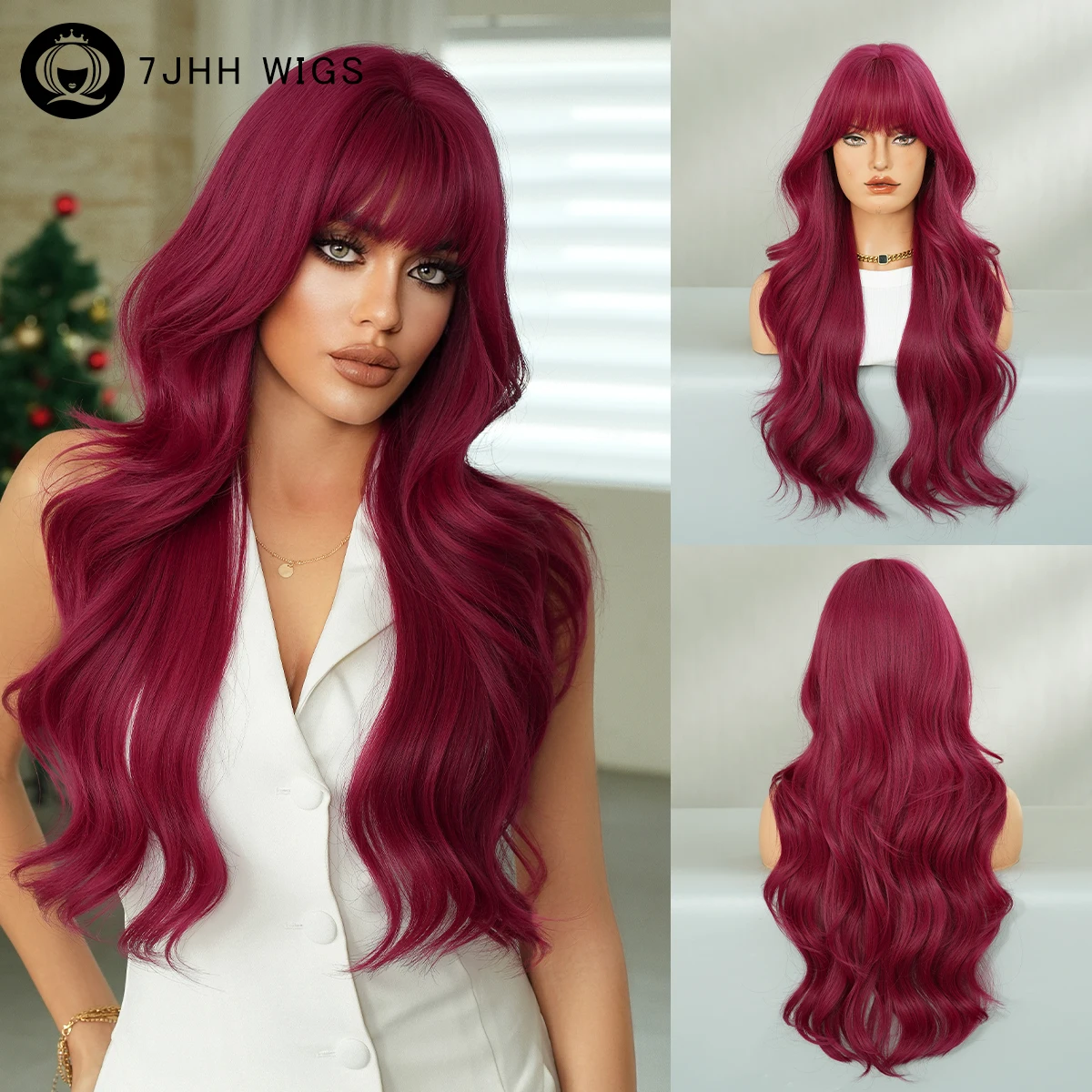 7JHH WIGS Lange, gewellte, lila-rote Perücke für Damen, hochdichte, synthetische, geschichtete, modische, dezente lila Perücken mit ordentlichem Pony