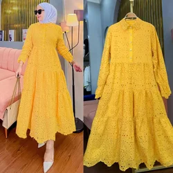 Solid Women Dress Women Indonesian Muslim Abayas Embroidered Hollow Out Lace Dress Fashion Turn Down Collar Lantern Sleeve Robe