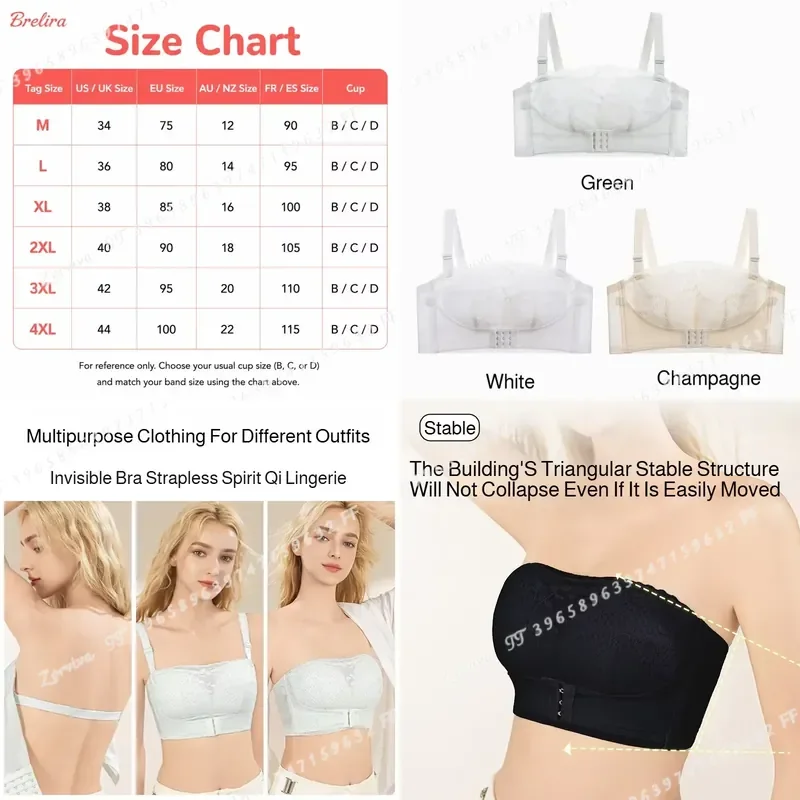 Women's Lace Strapless Push Up Bra Front Closure Non Slip Lingerie for Large Bust Off Shoulder Daily Wear Comfortable Support