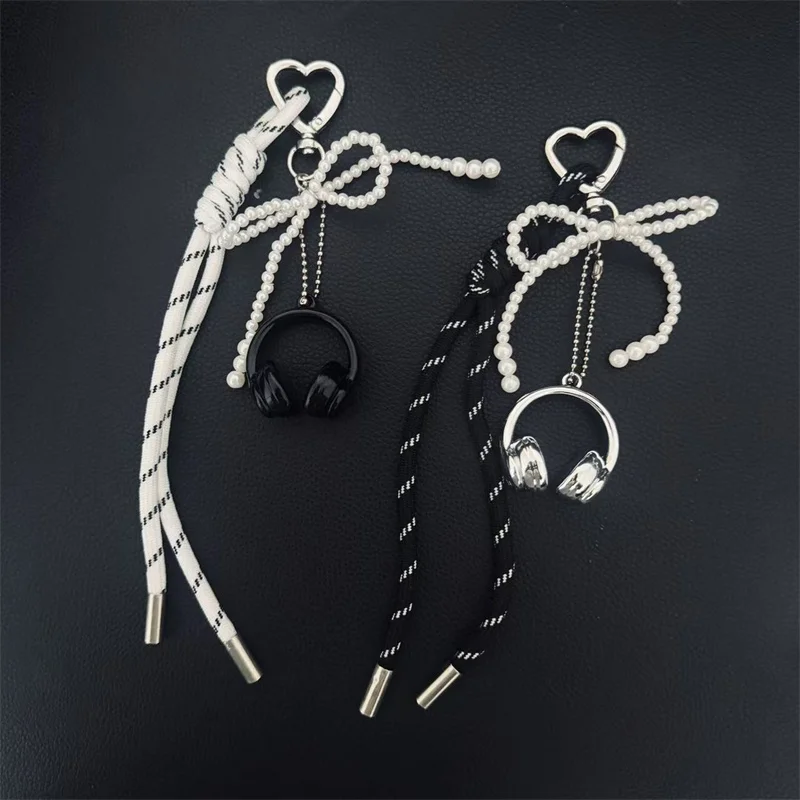 Headphones Pendant Bow Keychain Delicate Beaded Keyring Car Key Holder Bag Pendant Decoration For Girls Gift