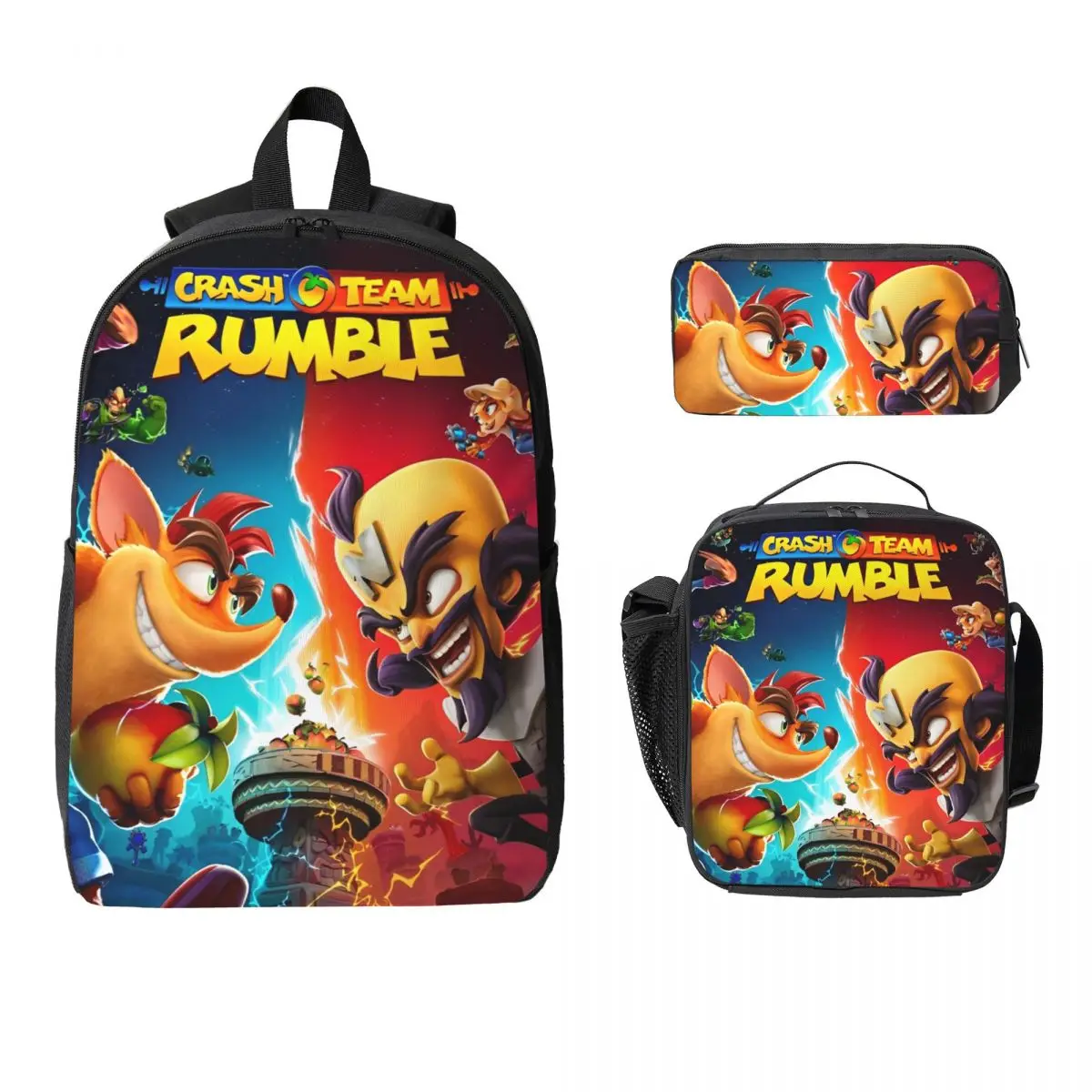 

3Pcs Crash Team Rumble merch Backpack Set for Boy Girl Pencil Boxes Bookbag Sets with Lunch Box For School Students Daypack