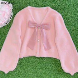 Sweet Lolita Princess Knitted Cardigan Women Kawaii V-Neck Loose Bow Sweater Coat Female Casual Imitation Mink Knitwear Tops