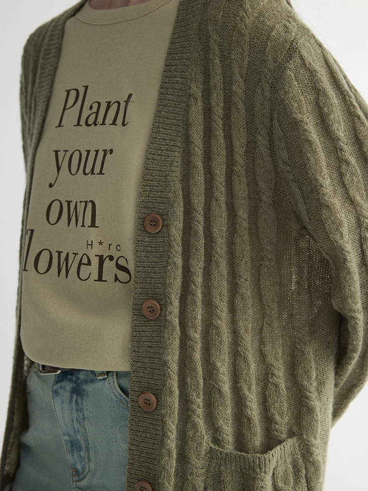 Spring Overture Haverice Restaurant Knitted Sweater with Bone Button Mixed Wool And Cashmere Loose Fit V-Neck Long Sleeve