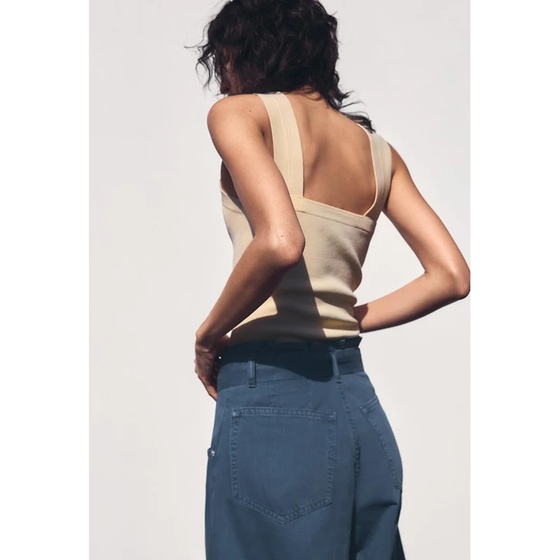 

Весенне-летний женский вязаный облегающий круглый топ Ne с широкими бретелями, простой универсальный круглый трикотаж Ne