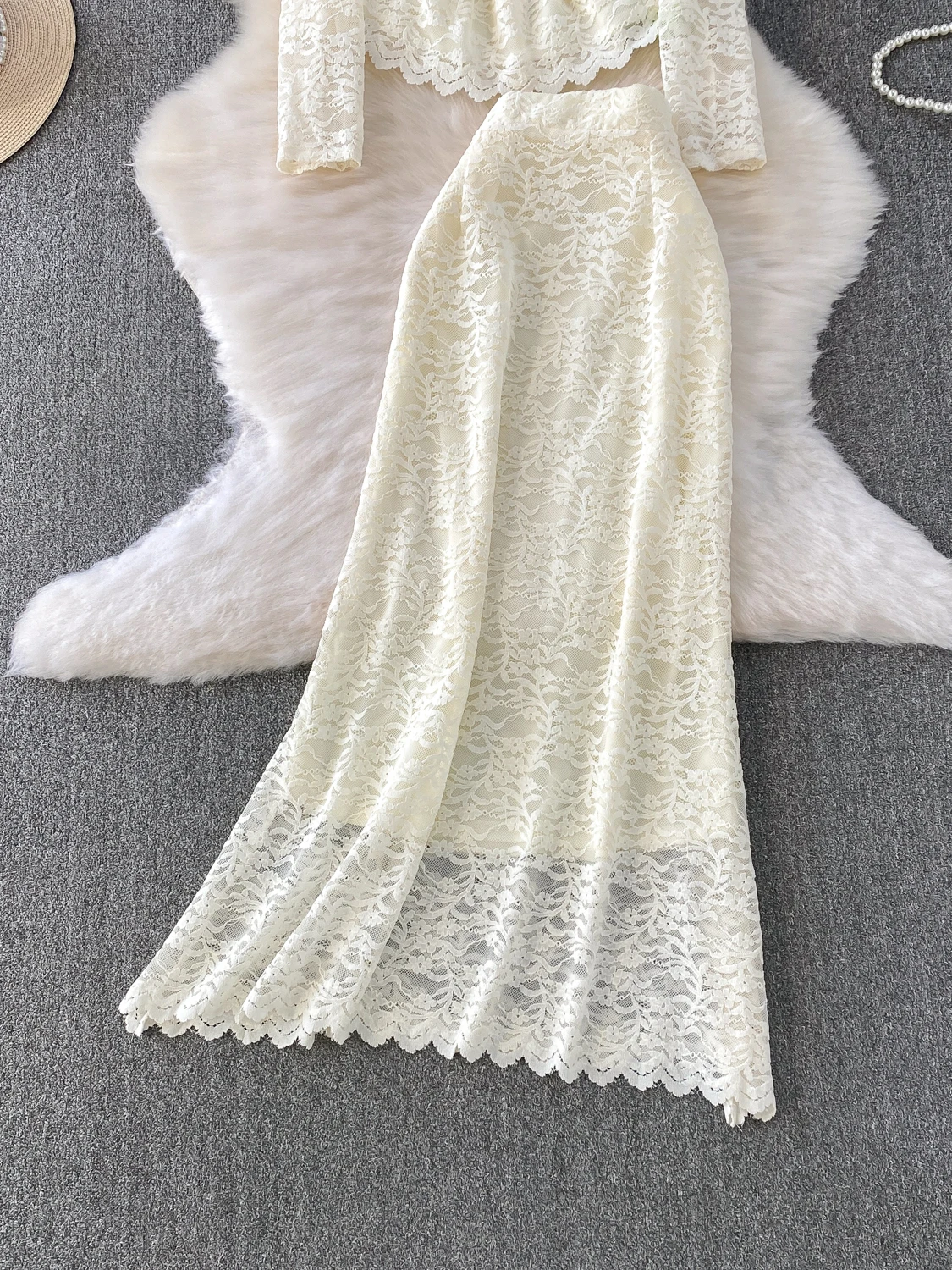 Ele round Ne Top in pizzo e gonna lunga Set in due pezzi con finiture in legno Abbellimento pesante Perline di diamanti Faionabl...