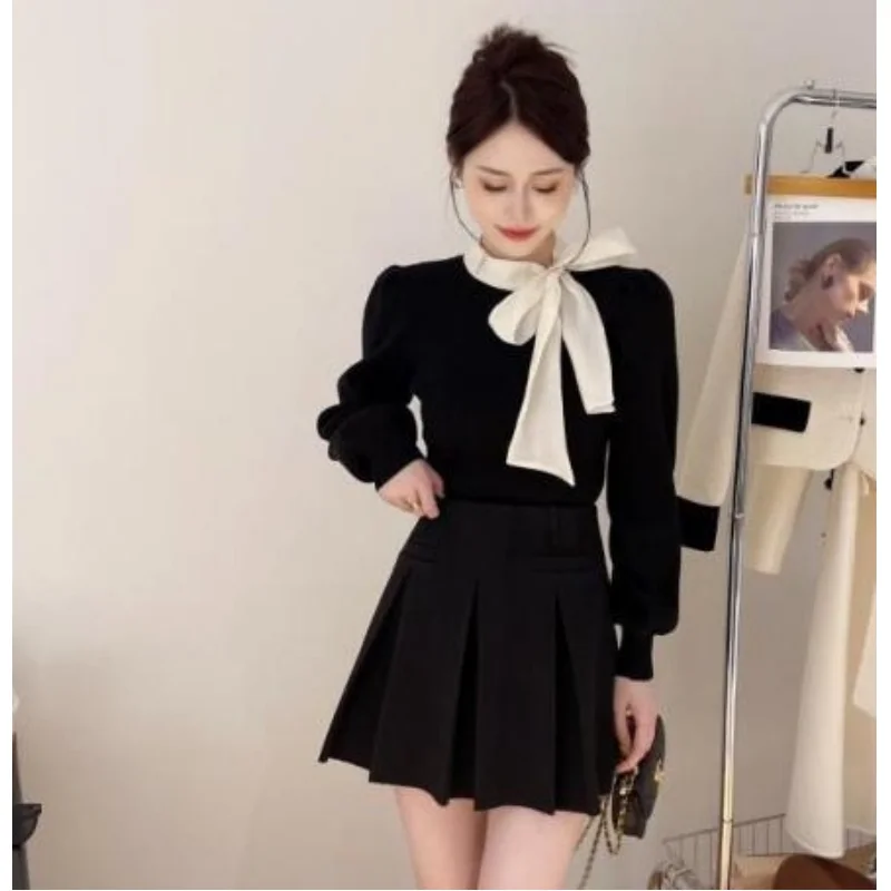 

Spring Autumn Women Graceful Bowknot Tops Skirts Two Piece Set Lady Englad Style Retro Pullover Skirt Outfits 2025 New Clothing