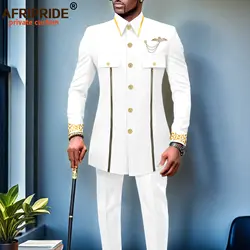 Men`s Suits African Clothes Slim Fit Embroidery Single Breasted Full Sleeve Zip Blazer and Pants Set Formal Outfits 2416079