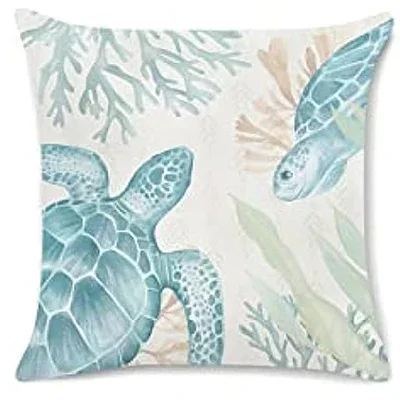 Short Plush Cushion Cover Ocean Beach 45 X45cm Pillow Cover Seahorse Sea Turtle Outdoor Soft Cushion Cover Sofa Decoration