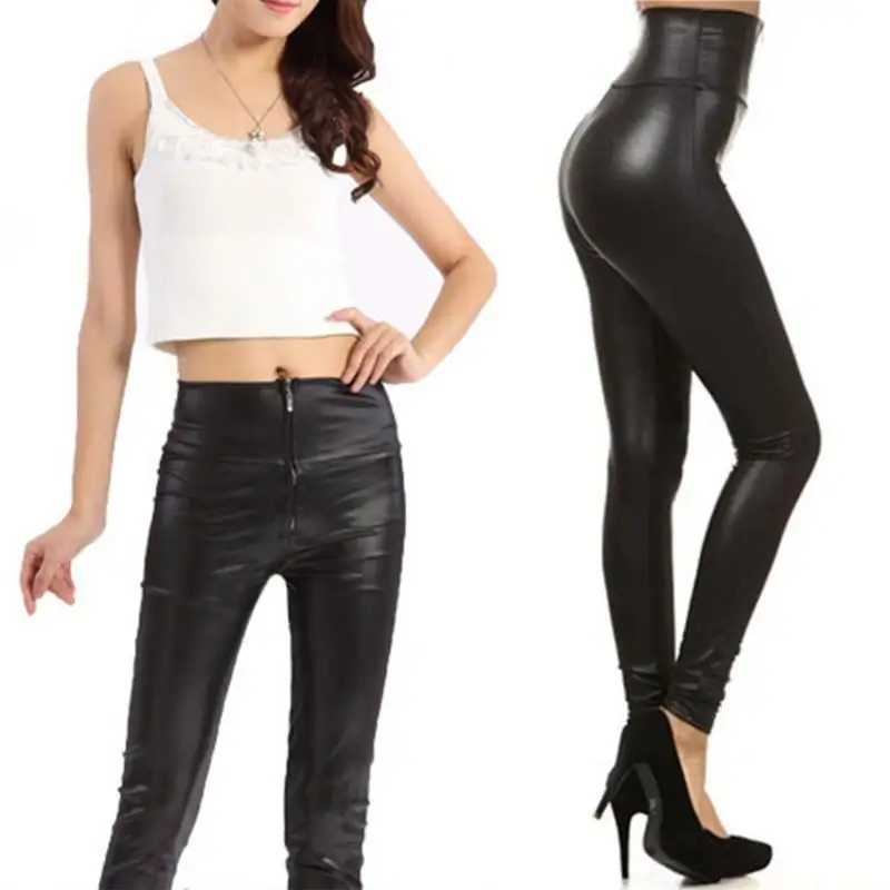 31BE Women High Waisted Zipper Pencil Pants Black Faux Leather Legging with Zipper
