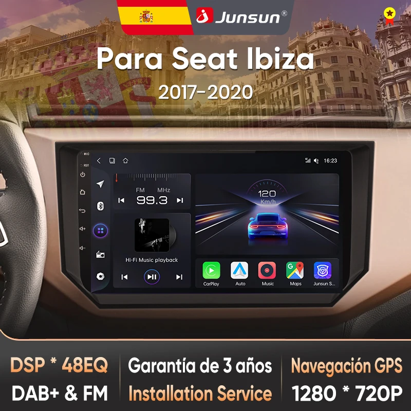 Autoradio Junsun pour Seat Ibiza 2017 2018-2021, CarPlay sans fil, Android Auto, systèmes intelligents, écran tactile IPS, DSP, navigation GPS, WiFi, DAB+ RDS, FM/RAM, BT, SWC, Plug and Play, 2DIN, WiFi, 4G, stéréo multimédia