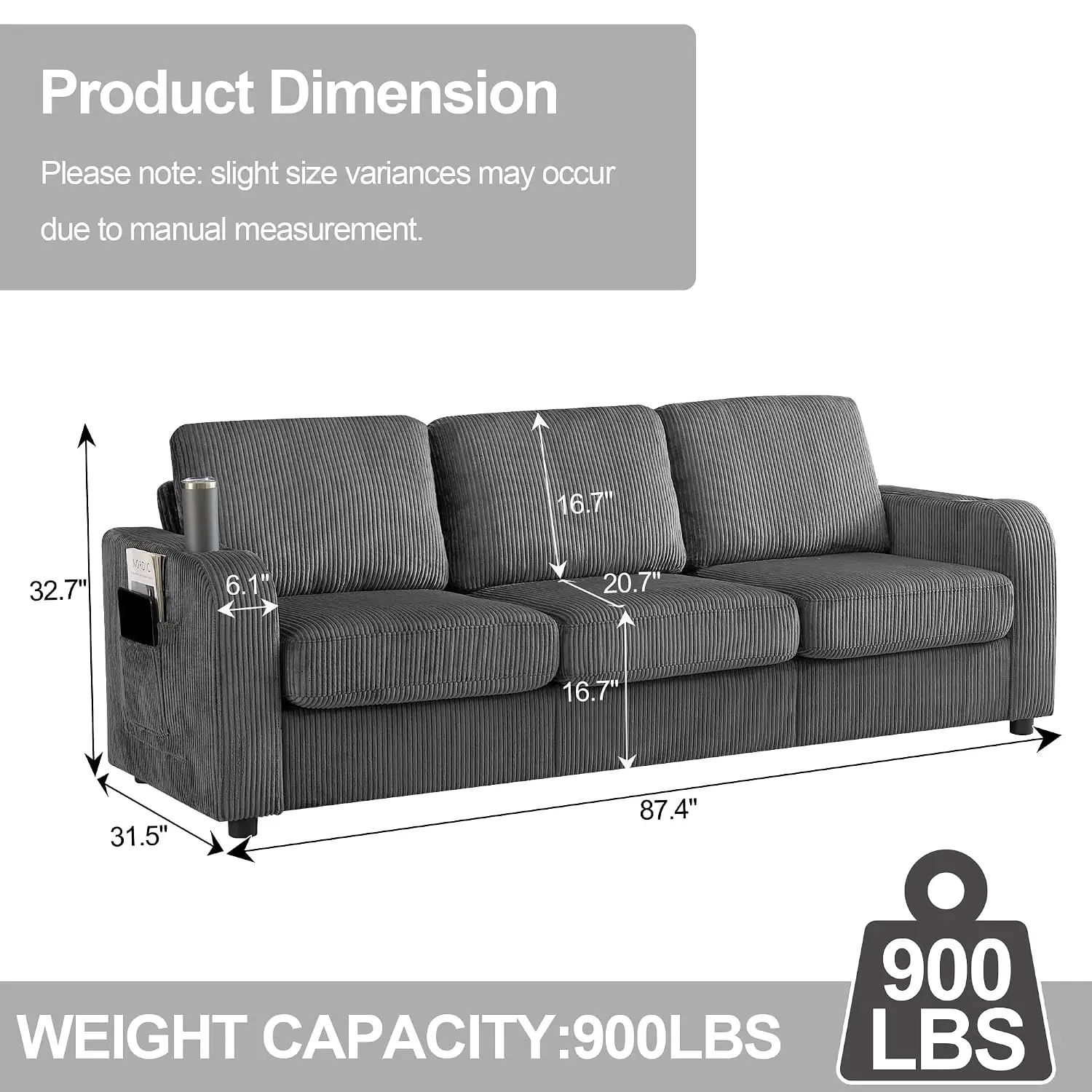 Oversized 3 Seater Sofa, Deep Seat Comfy Corduroy Loveseat with Cup Holders for Living Room, 87.4
