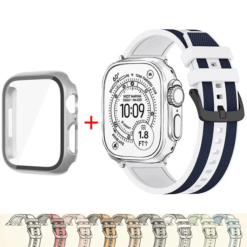 Two Color Band+Case For Apple Watch Strap 45 44mm Watchband Silicone Bracelet iWatch 9 8 7 6 5 4 SE 40mm 41mm Watch Accessories