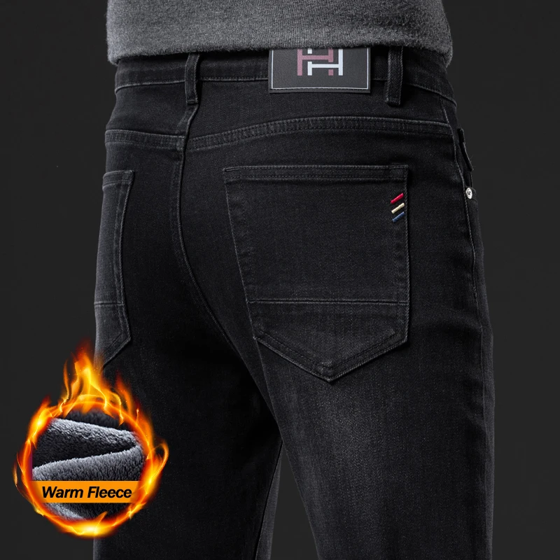 

Черные теплые флисовые мужские зимние джинсы, тонкие прямые эластичные удобные утепленные плюшевые бархатные джинсовые брюки, повседневные корейские брюки