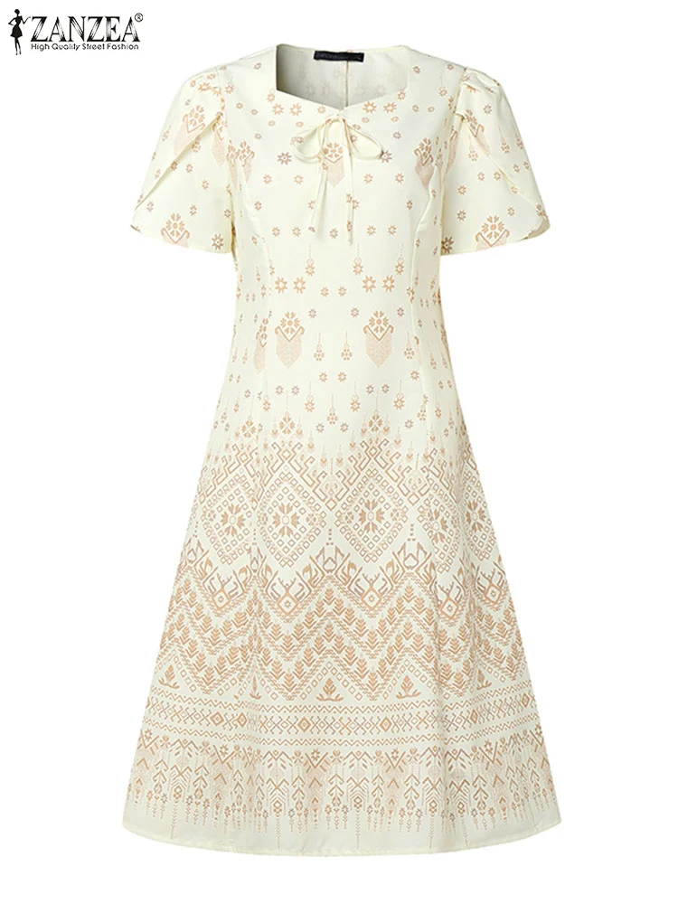 Women Long Dress ZANZEA 2025 Summer Bow Bohemian Elegant Short Sleeve Print A-line Sundress Square Collar Casual Party Vestidos