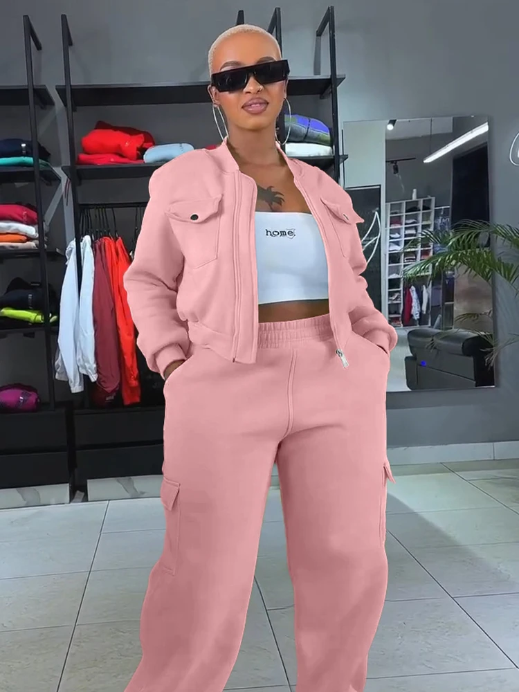 Multiple Pockets Design 2 Piece Set Woman Zip Cardigan Full Sleeve Jacket+Straight Pants Casual Sporty Style Fashion Suit