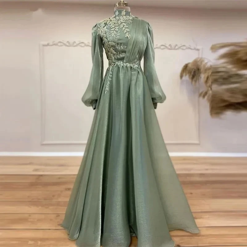 Real Photo Mint Green Long Sleeve Evening Gown A-Line Organza Appliques Muslim Formal Dress Plus Size Vestido De Formatura