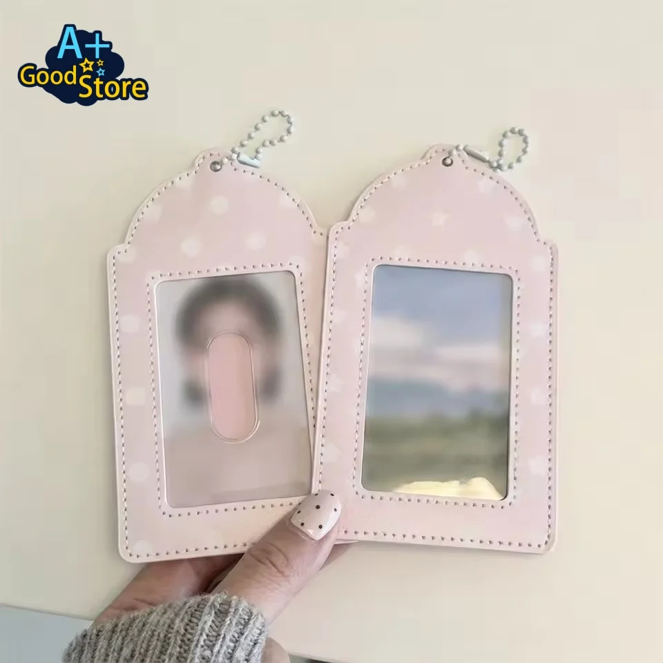 Pink PU Leather Card Holder Polka Dot Star 3 Inch Photocard Case Kpop Idol Card Storage with Chain Kawaii Photocards