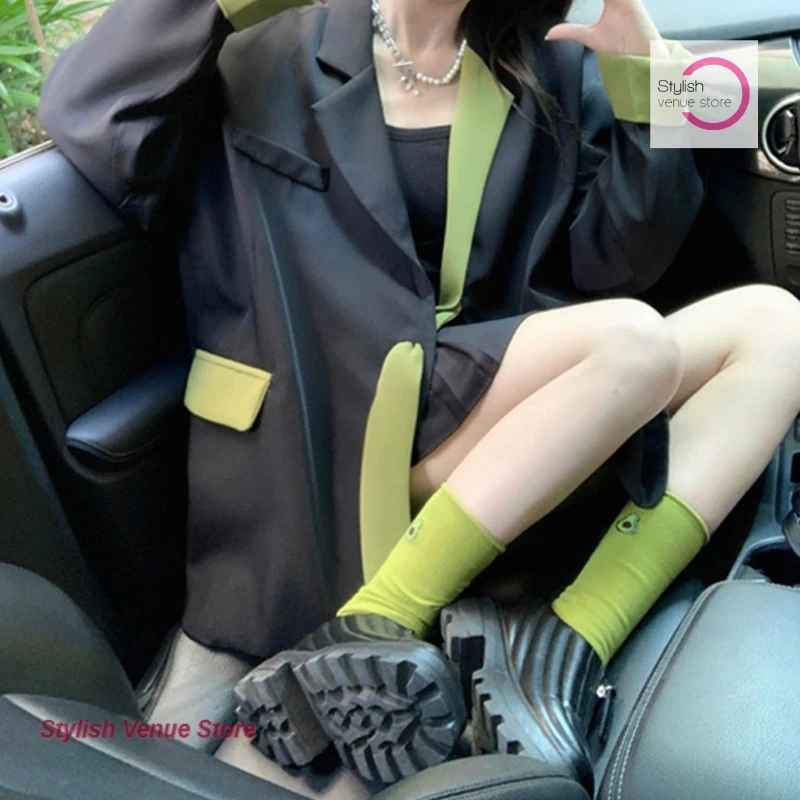 Koreanische Version der lockeren, schicken Freizeitanzugjacke Frühling und Herbst neue Mode Temperament Kontrastband lose lange Anzugjacke