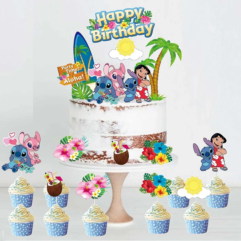 

12pcs Disney Lilo And Stitch Cupcake Topper Cartoon Birthday Cake Dessert Insert Paper Kids Birth Cake Toppers Card Party Deco
