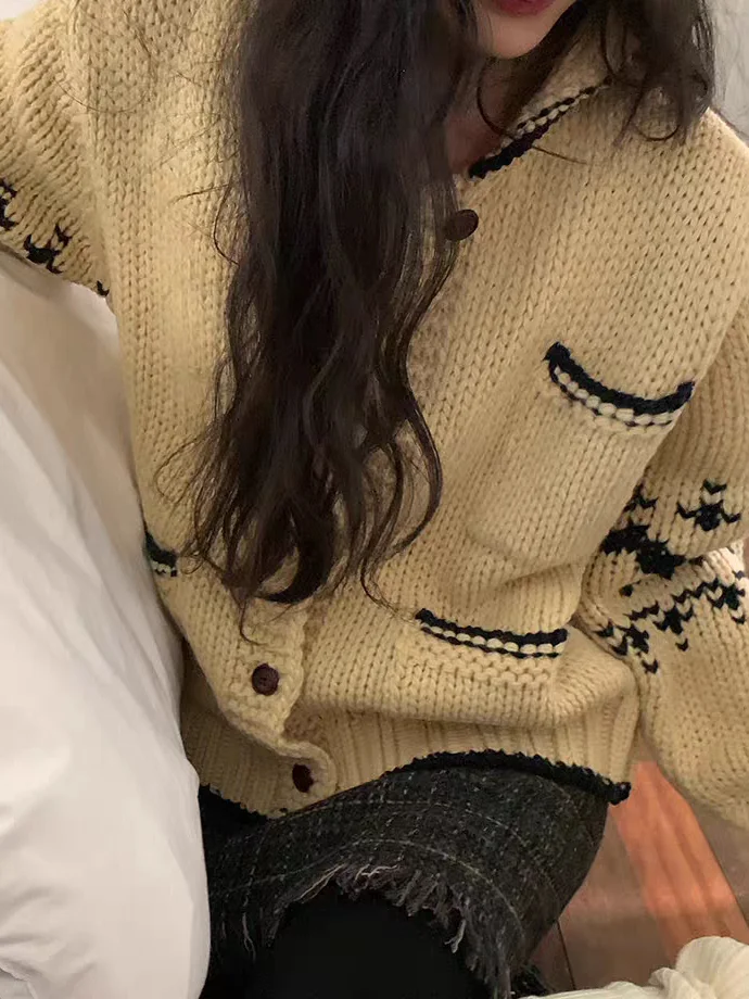 Вязаный открытый кардиган в стиле ретро в скандинавском стиле с воротником оленя, женский осенне-зимний свитер с одной пуговицей Faion Age-Defng Jaet