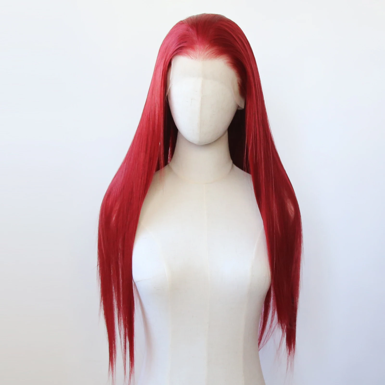 Peruca dianteira do laço sintético longa reta, cabelo fibra resistente ao calor, pré arrancadas, vermelho escuro, 13x4