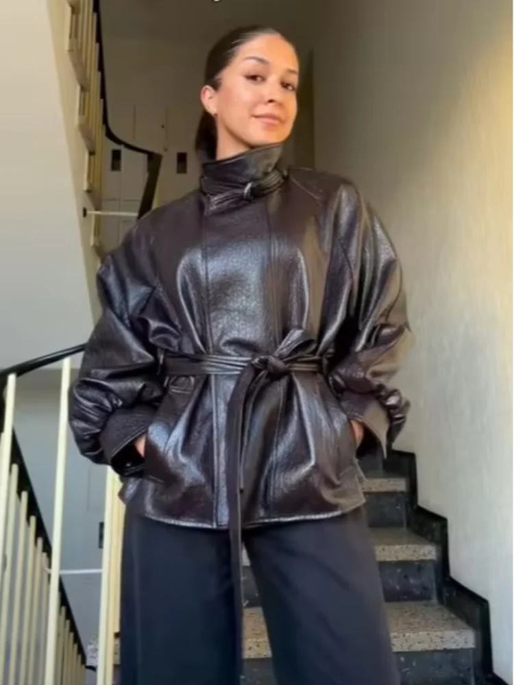 Vintage Women's Leather Jackets High Neck Long Sleeve Zipper Loose Pu Coats With Belt 2026 Autumn New Commute Solid Outwears