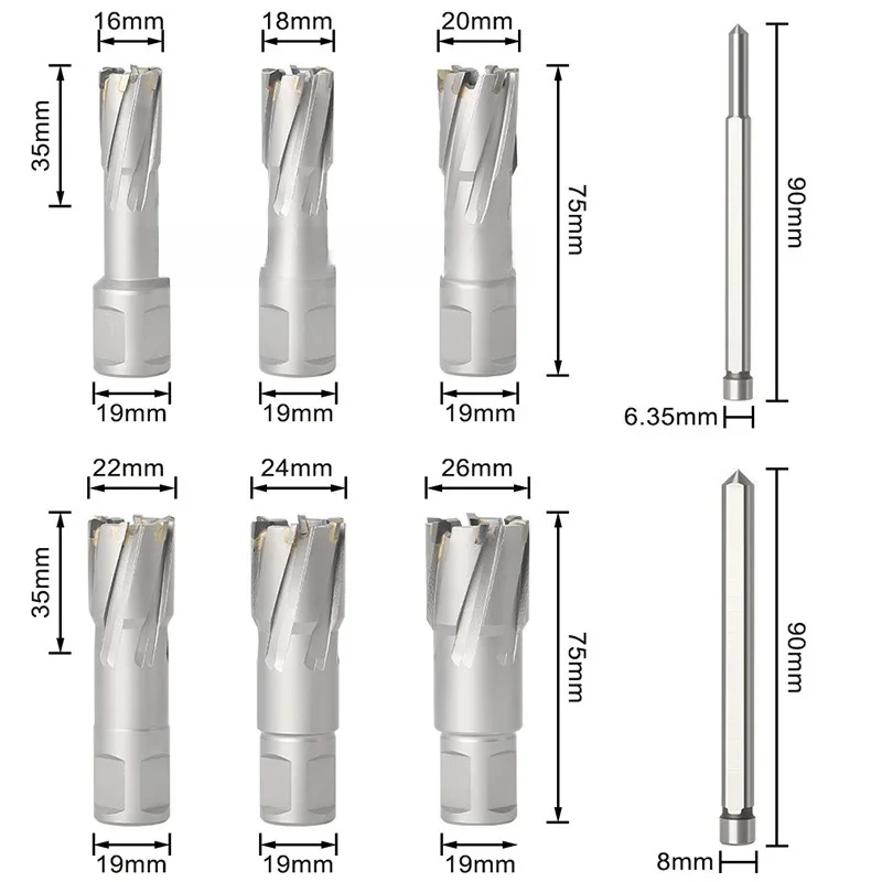 Magnetic Hole Saw Set 6Pcs 16/18/20/22/24/24/26mm Annular Cutter Drill Bits for Iron Steel Carbide Hollow Core Drill Bits