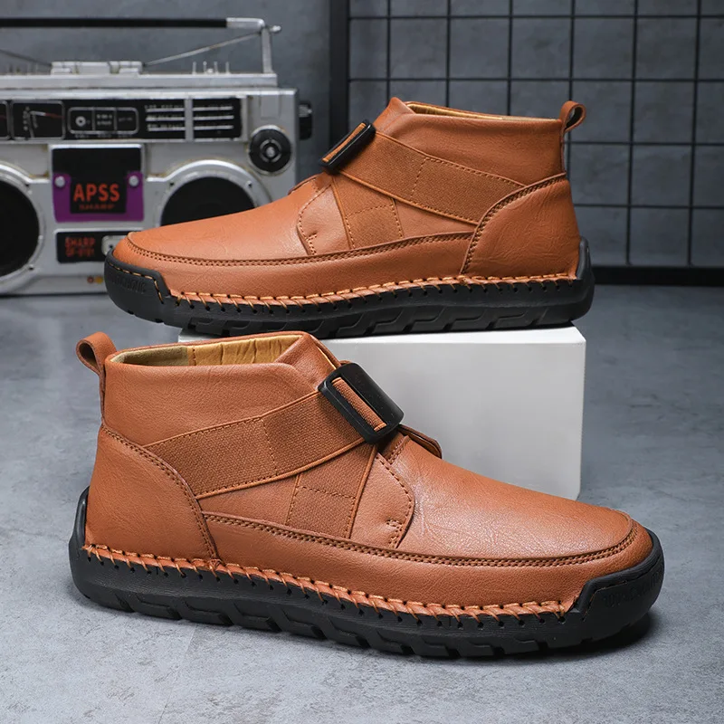 Autumn and winter hand-stitched mid-top men's shoes, new men's leather casual shoes