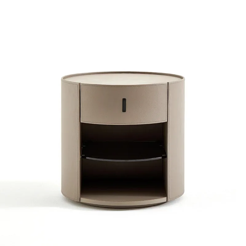 Italian minimalist round saddle leather bedside table high-end designer bedroom bedside table