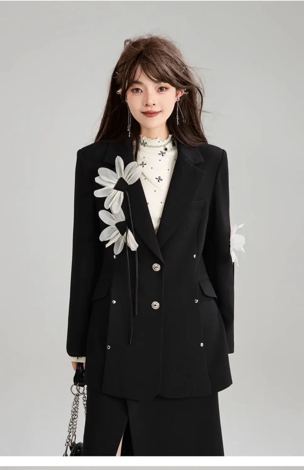 Korean Blazers,Handmade floral black Suit Jacket, For Women,Spring Autumn ,new commuting style, Slim Blazer Suit