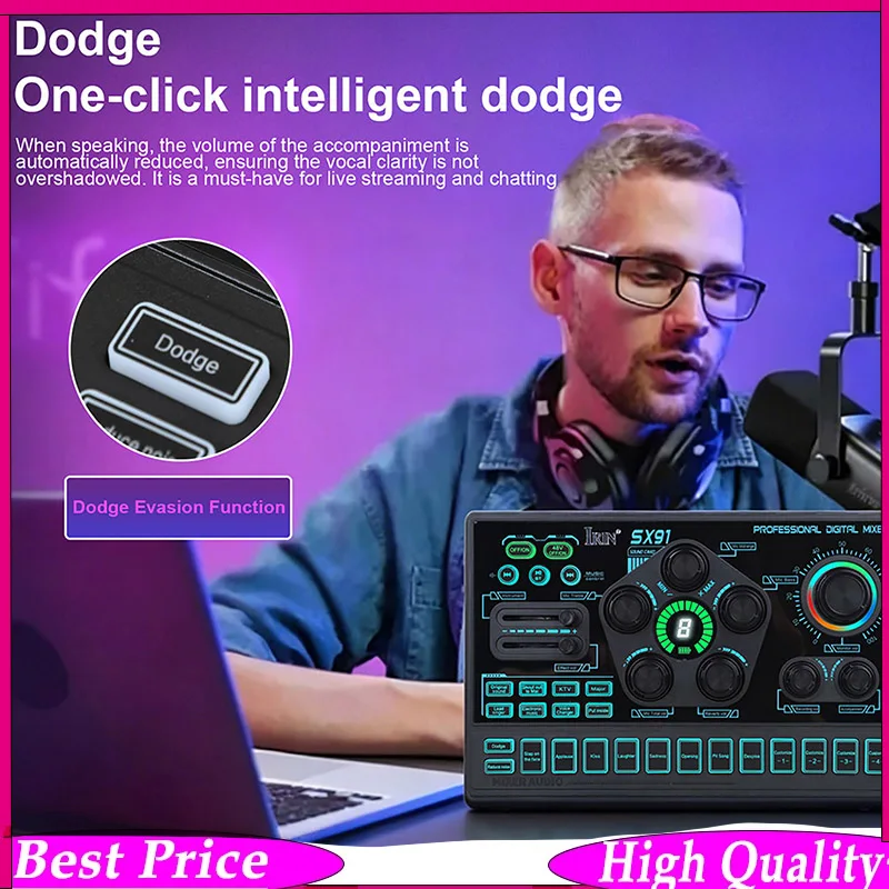IRIN Multifunctional Live Streaming Audio Mixer 8 Voice Effects + 14 Sound FX, Compatible with Phone/PC for Podcast, Karaoke,