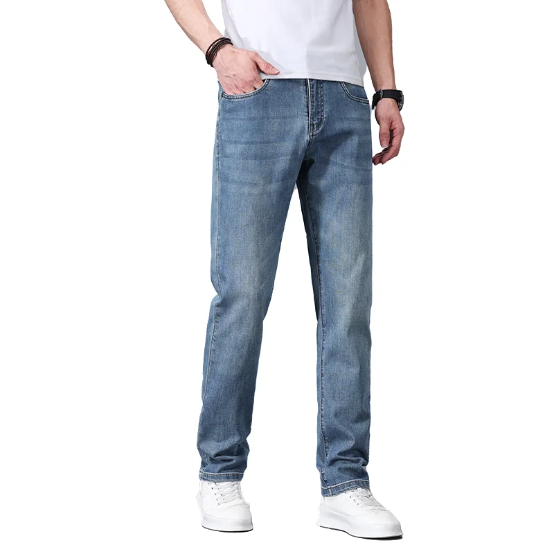 

Мужские модные джинсовые брюки из тонкой хлопковой смеси для весны и лета, повседневные деловые брюки, подходящие для ежедневных поездок на работу и офиса.