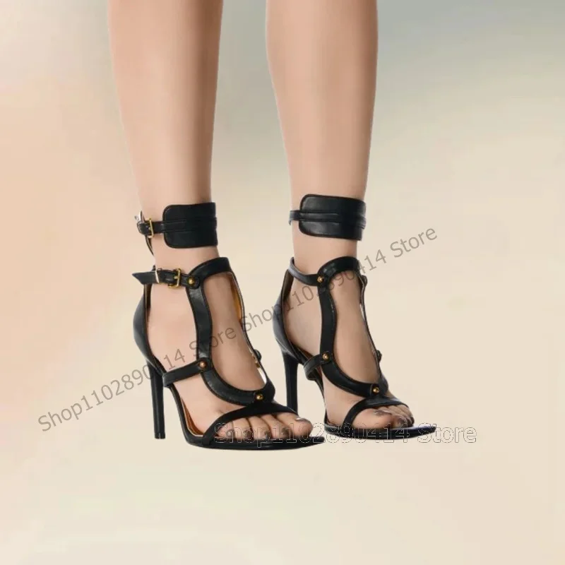 

Black Hollow Design Metal Decor Sandals Ankle Buckle Strap Women Shoes Thin High Heels Open Toe Party 2025 Zapatos Para Mujere
