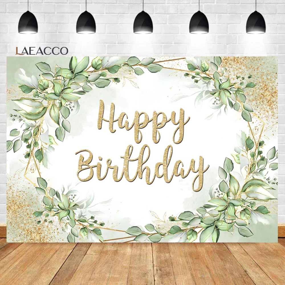 

Laeacco Greenery Birthday Backdrop Gold Eucalyptus Green Leaves Nature Kids Baby Shower Portrait Custom Photography Background