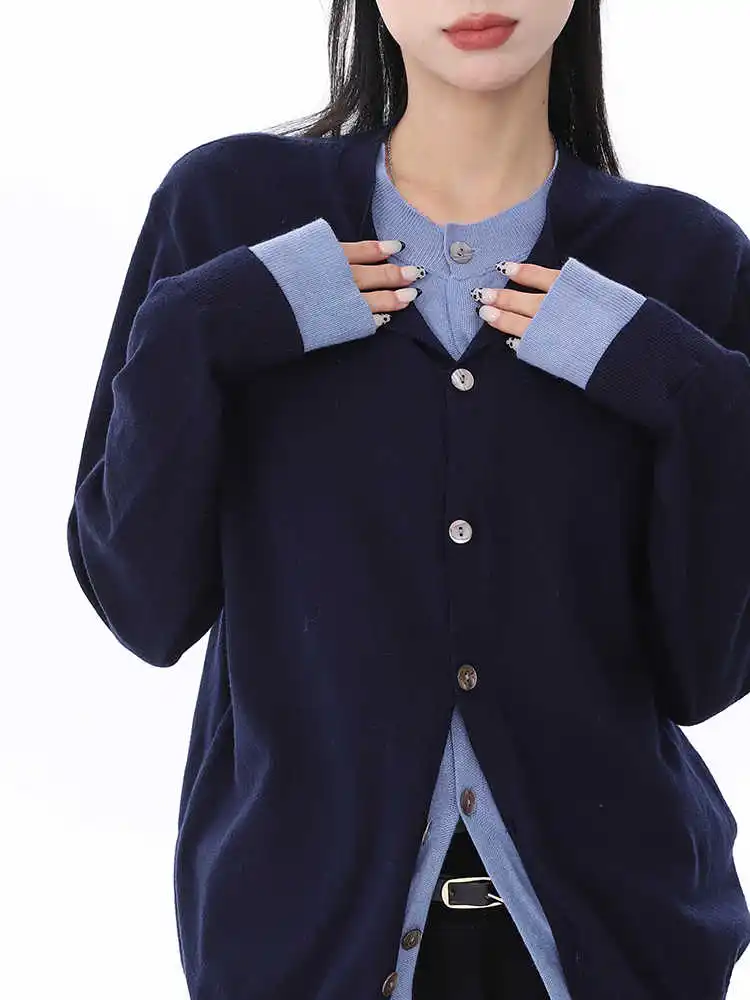 Outono inverno feminino cardigan camisola falsa duas peças 2000s manga longa estilo preppy jumper o pescoço malhas camisas high street