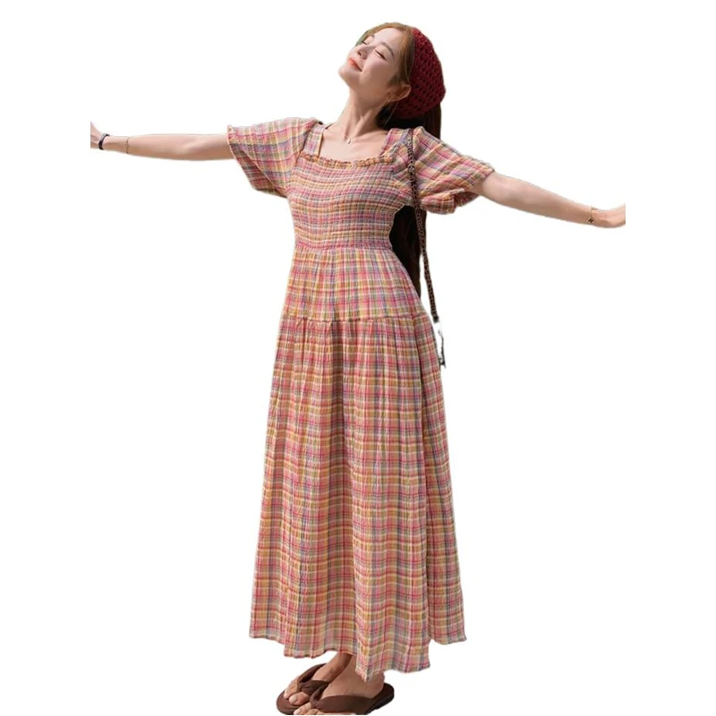 

Summer Cotton Square Collar Feminine Sweet Long Dress Puff Sleeves A-Line High Waist Gentle Seaside Vacation Style Vestidos