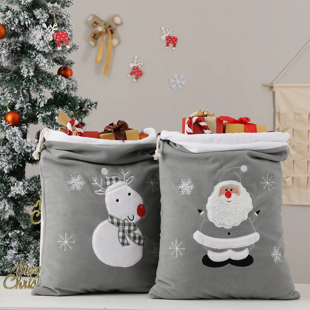 

Fleece Christmas Santa Sack For Kids Santa Claus Applique Gift Bag For Candy Elk Penguin Snowman Xmas Decor