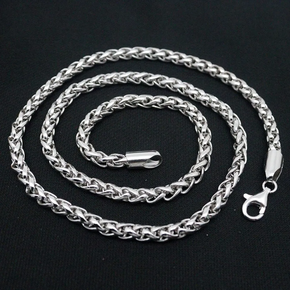 

Real Solid 925 Sterling Silver Chain Men Lucky 5mm Wheat Braided Necklace 45-46g/55cm