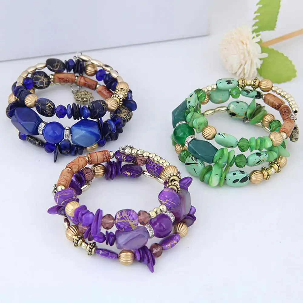 Ethnic Wristband Bohemian Multi-layered Stone Bracelet with Adjustable Elastic Cord Unisex Retro Ethnic Wrist Jewelry Featuring