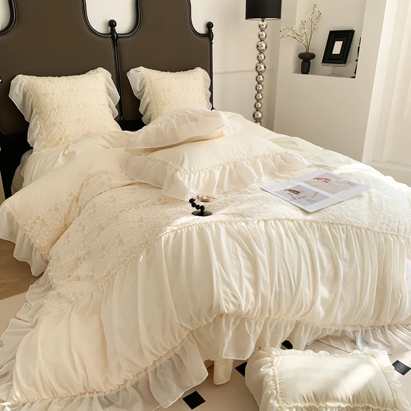 French light luxury lace skin-friendly cotton four-piece princess style quilt cover milk white bed sheet quilt cover 1.5/1 m