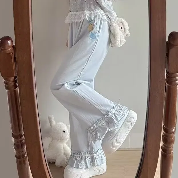 الكورية نمط لوليتا المرأة عالية الخصر السراويل لطيف ستار الدانتيل بنطال ذو قصة أرجل واسعة Y2k طالب Sweatpants عادية فضفاض Kawaii بنطلون