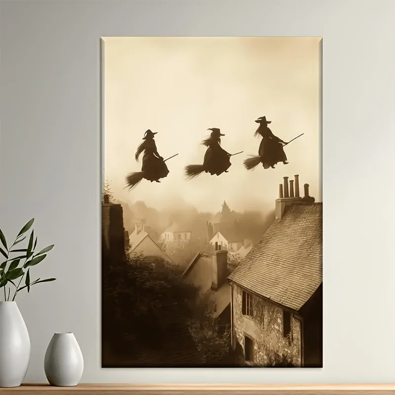 Retro Witch Flying Over Village Canvas Art Print Unframed Wall Decor, for Bedroom, Living Room, Office, Cafe, Ideal Holiday Gift