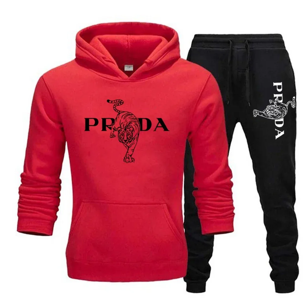 Men's and women's two-piece sportswear, hooded sweatshirt and lace up pants, running, autumn and winter sportswear