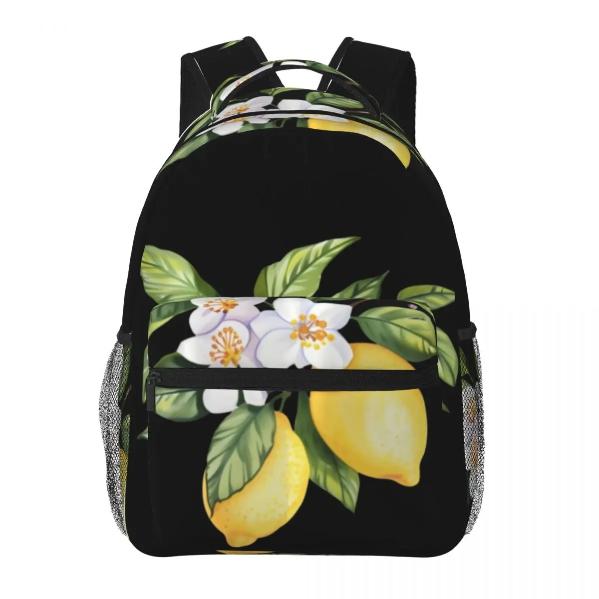 Dark Punk Printed Backpack Center Lemon Branch Blossom Vintage Drink Label Yellow Green Black White Edgy Daypack for School Work