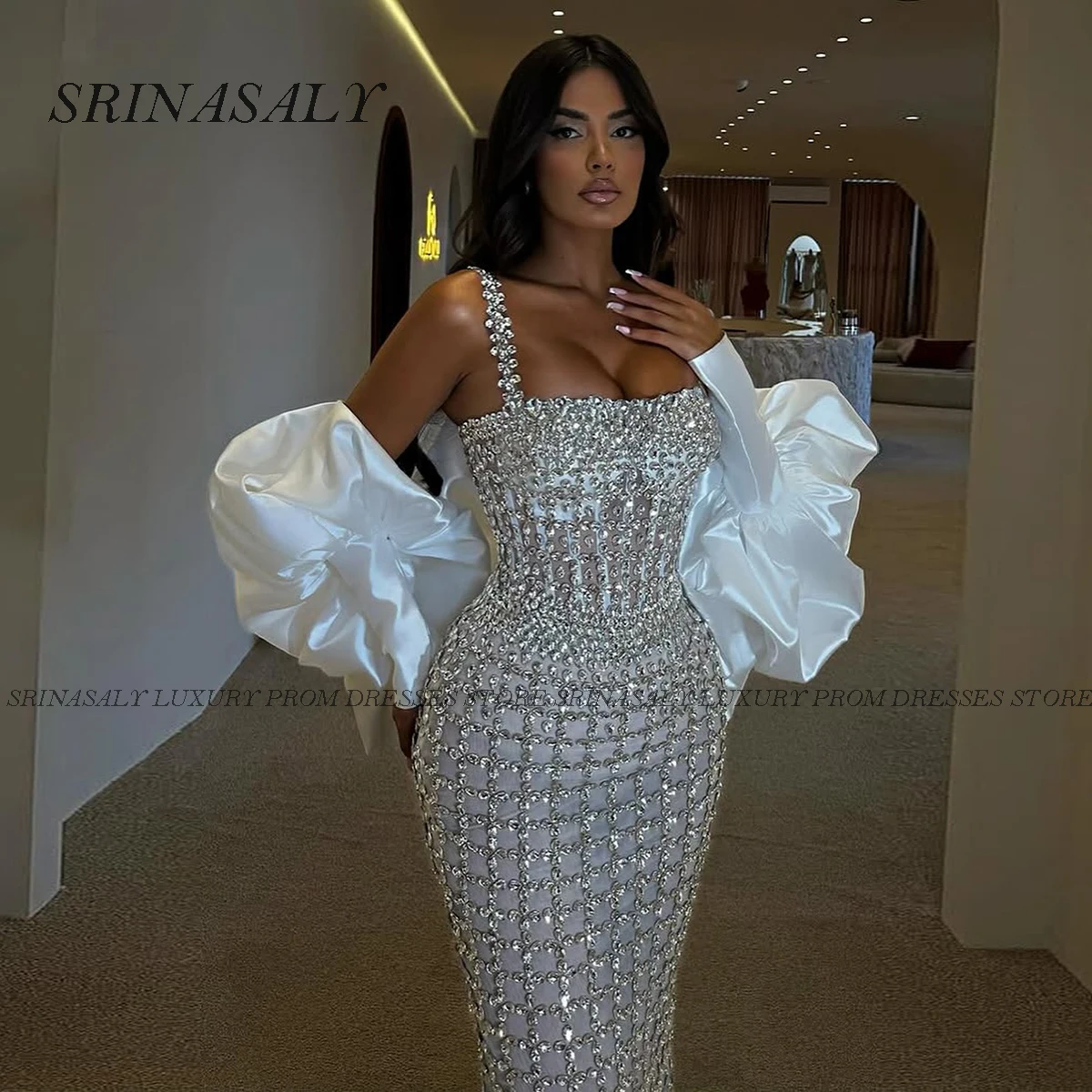 Angepasst Sparkly Diamanten Lange Meerjungfrau Prom Kleider Für Mädchen Party Robe Kristall Perlen Abendkleid vestidos de gala