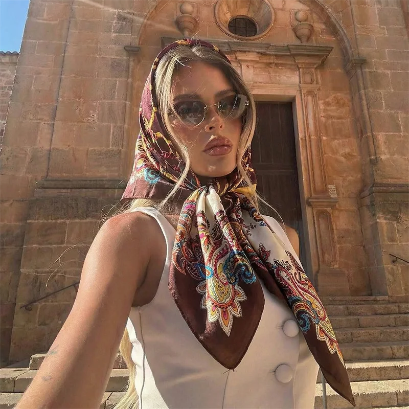 Luxury 90cm Brand Silk Satin Square Scarf Women Hijab Bandana Muslim Headscarves Shawl Wrap Ladies Headband Neckerchief Foulard view 4