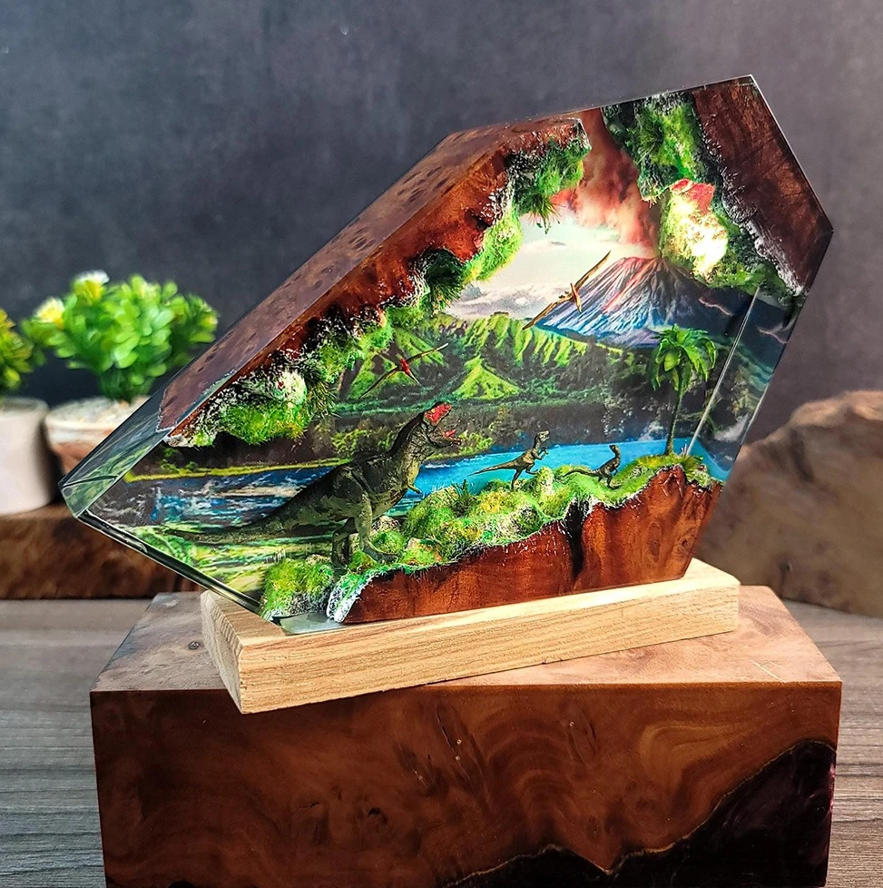 ZZ 2026 Dinosaur Resin Night Light Wooden Table Lamp Jurassic Themed Desktop Ornament Holiday Gift For Home Decoration