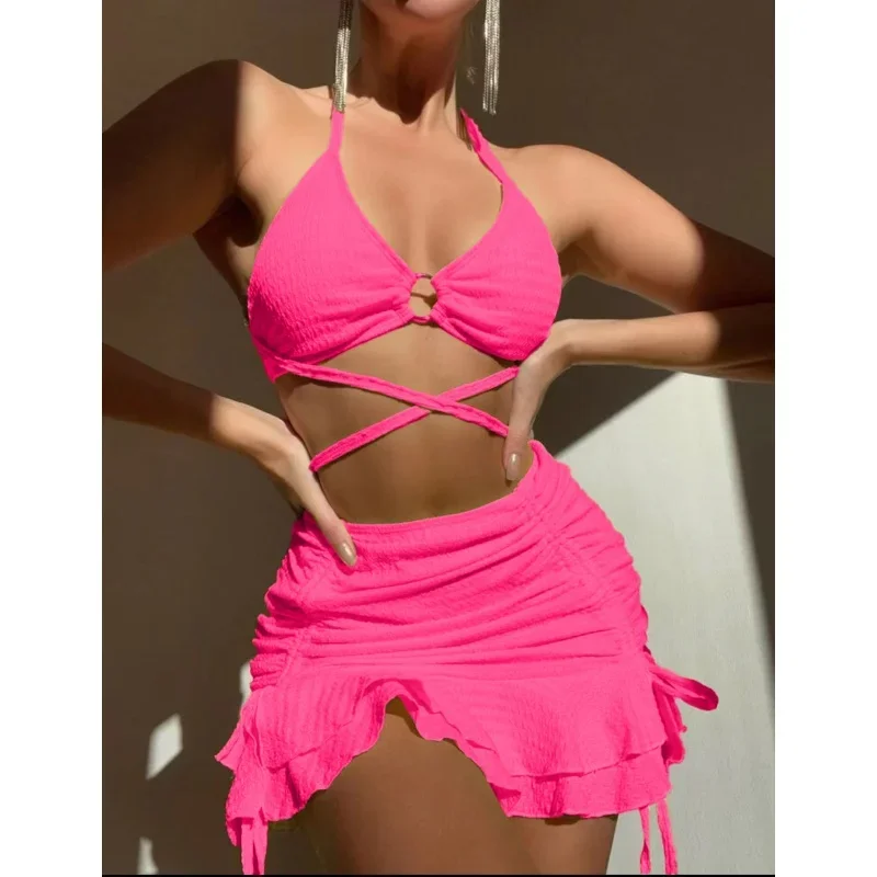 เซ็กซี่ชุดบิกินี่ 3 ชิ้นชุดว่ายน้ําผู้หญิงแหวนเชื่อมโยง CROSS BANDAGE บิกินี่ Drawstring Ruffles กระโปรง COVER UP 2025 ชุดว่ายน้ําใหม่