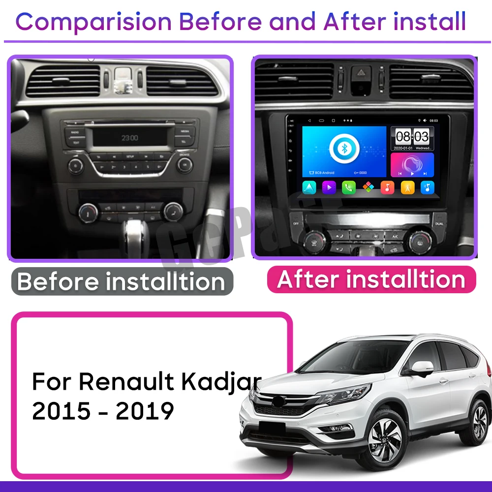 Car Android For Renault Kadjar 2015 - 2019 Car Radio Player Wireless Android Auto Carplay GPS Navigation Touch Screen 8 Core DSP