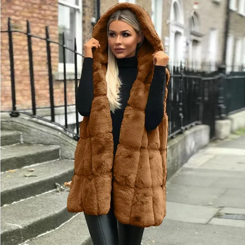 Women Autumn Winter Ladies New Imitation Fur Hooded Vest Hooded Imitation Fur Vest